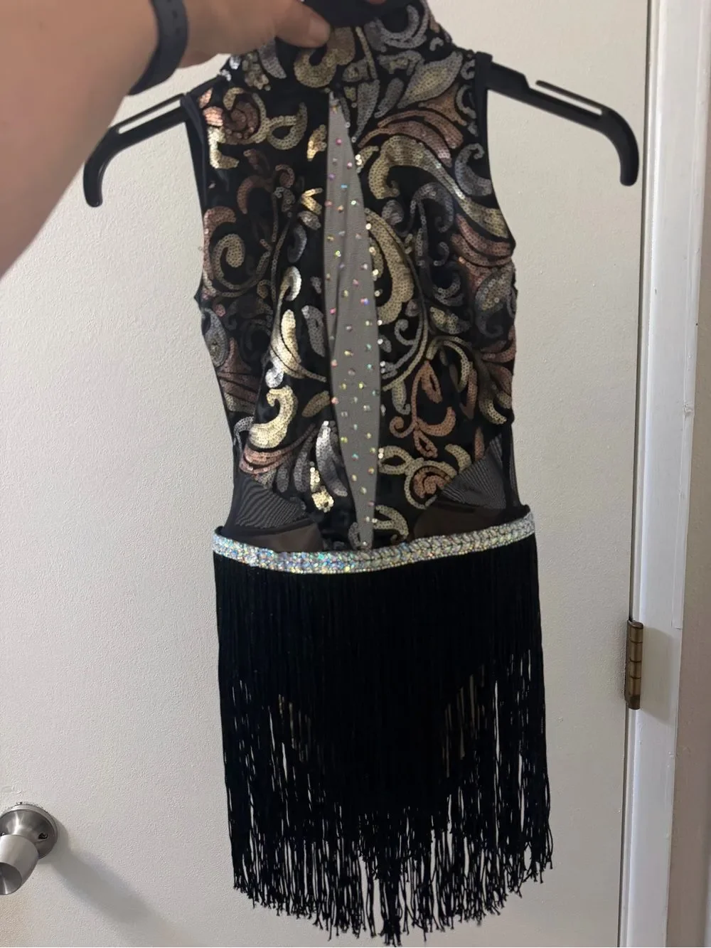 Ilo Gear glam black custom dance costume leotard rhinestoned velvet fringe LC